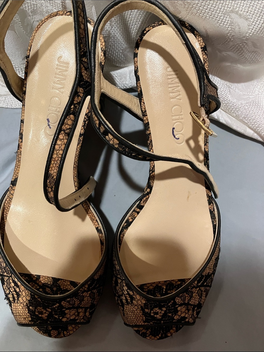 Jimmy Choo Black Lace-Overlay Tan Platform Sandals